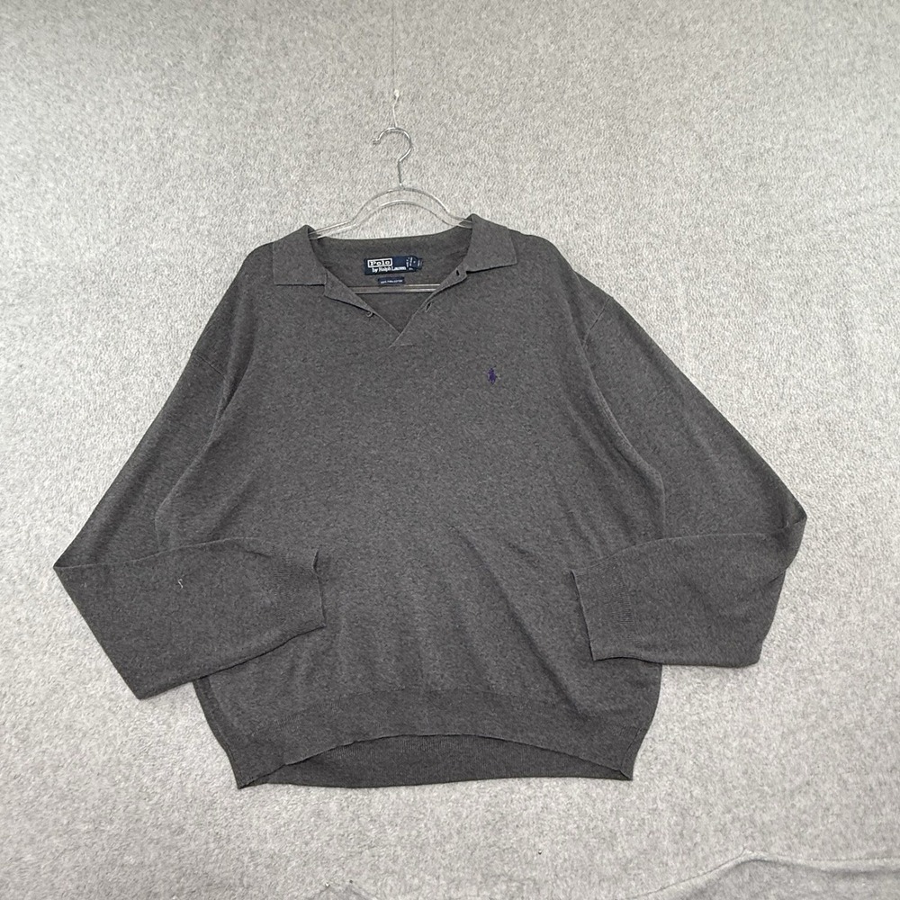 POLO RALPH LAUREN Italian Yarn Pima Cotton Polo Sweater Men XL Gray Long Sleeve